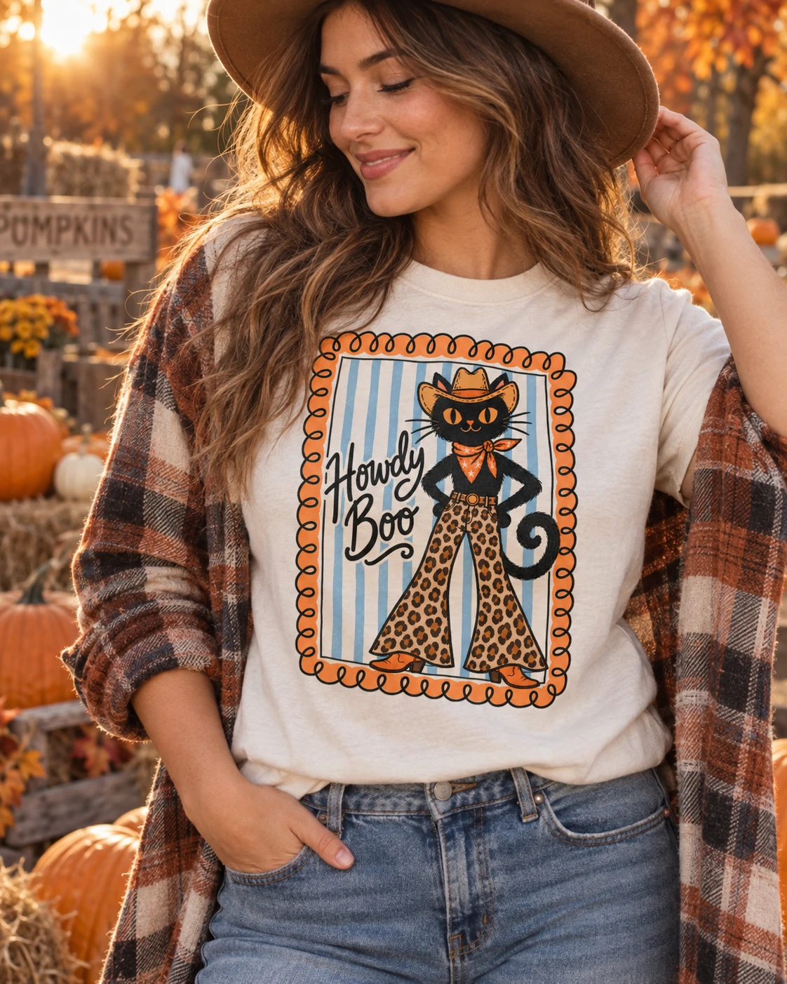 Howdy Boo cowboy cat design on a t-shirt