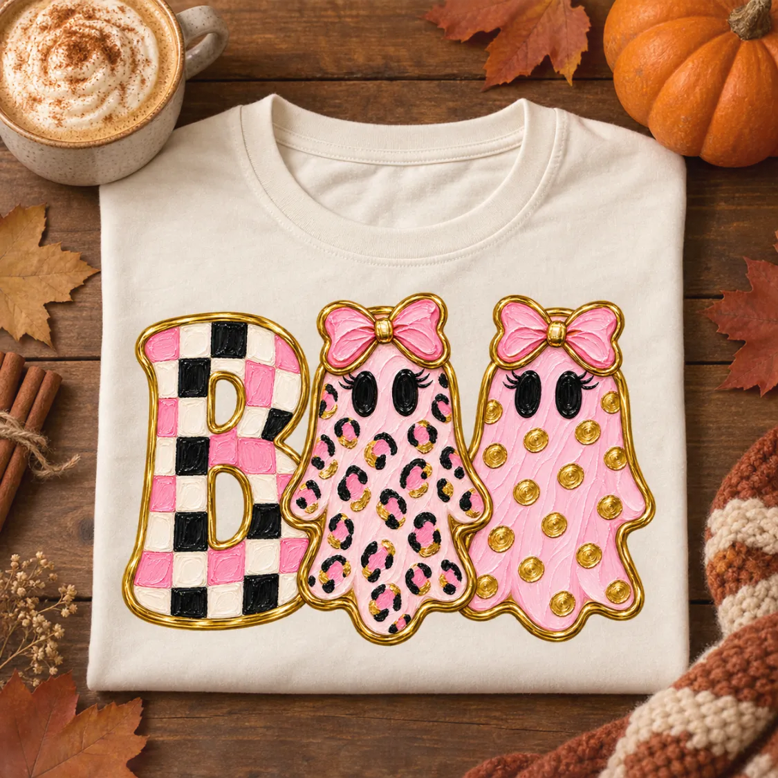 Pink BOO ghosts design on a t-shirt