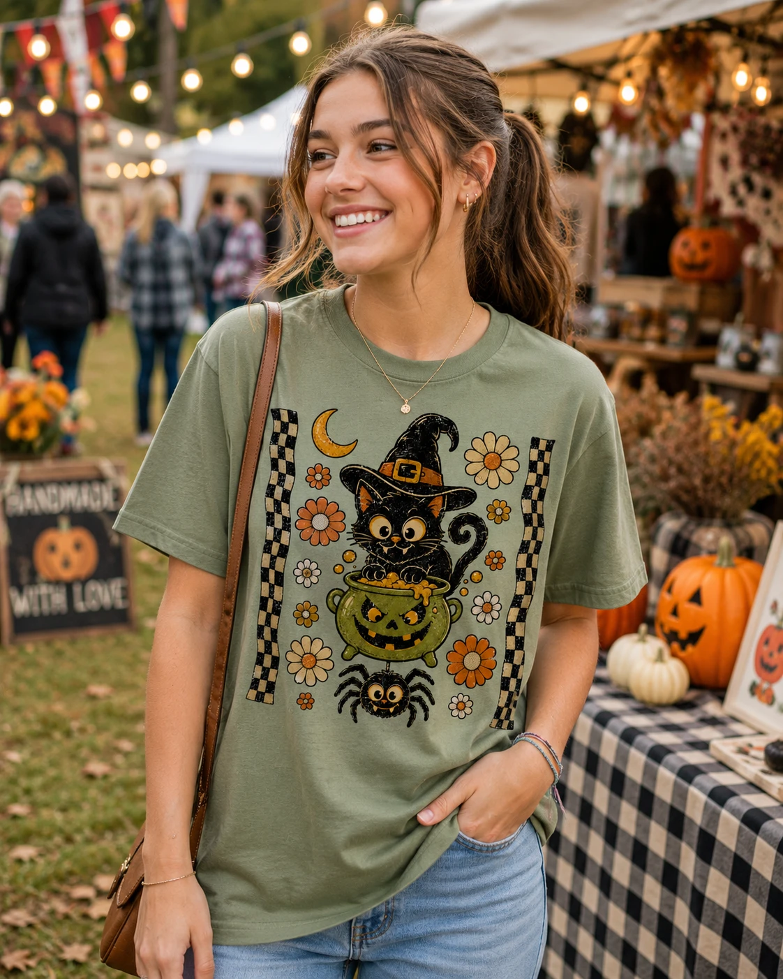 Witchy black cat cauldron design on a t-shirt