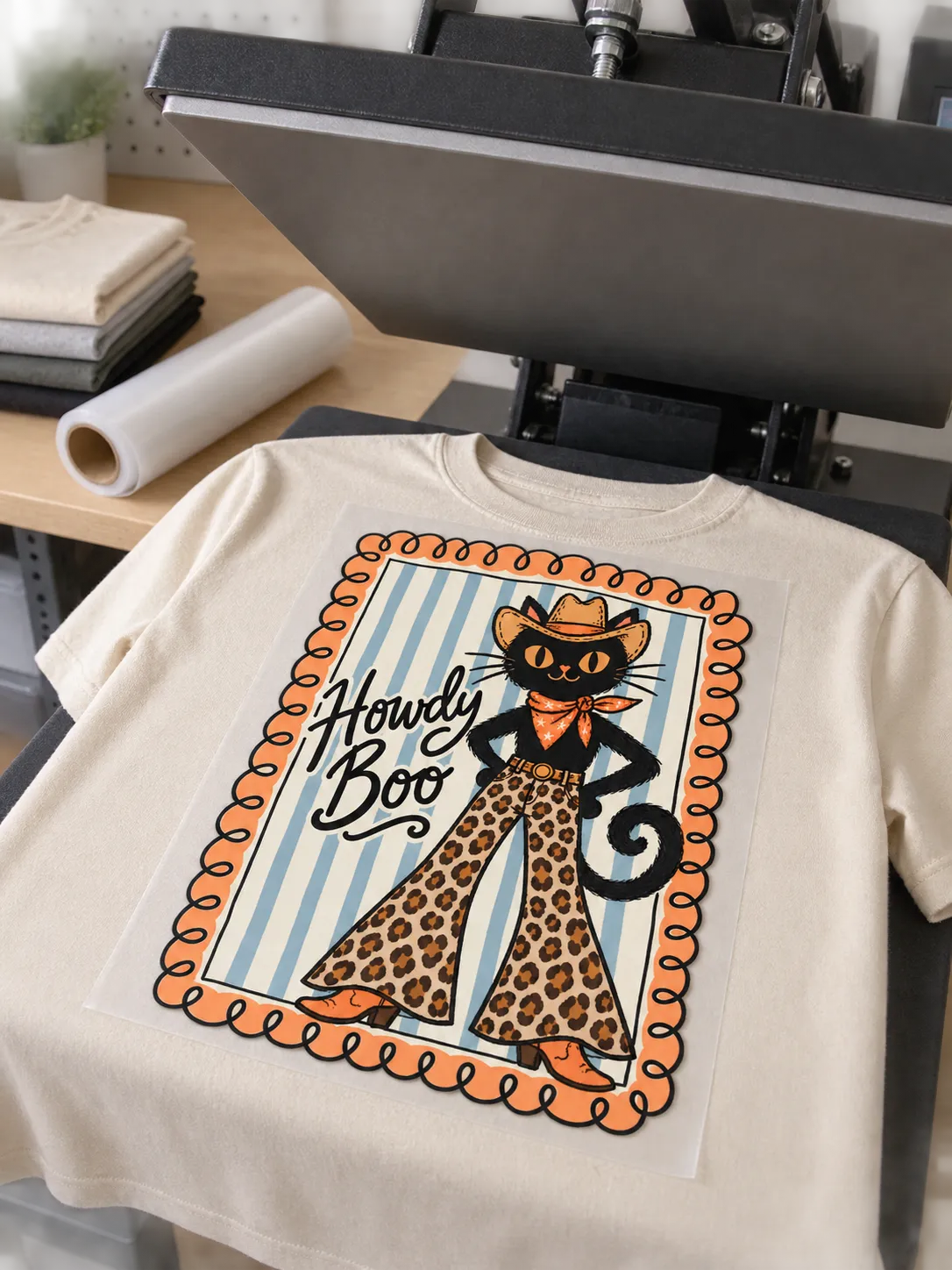 Howdy Boo DTF transfer being heat-pressed onto a t-shirt